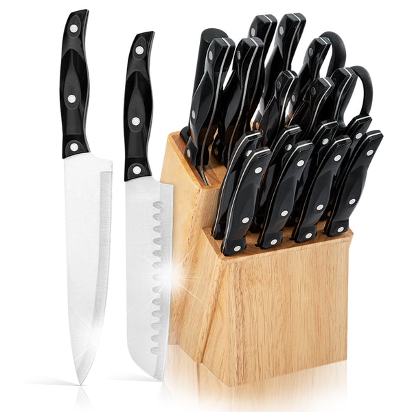 19 Pieces Knife Block Set Kitchen High-Carbon Stainless Steel Knife Set with Wooden Storage Block - Black