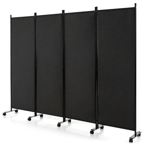 4-Panel Folding Room Divider 6 Feet Rolling Privacy Screen with Lockable Wheels-Black