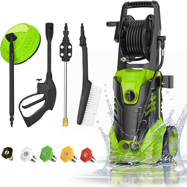 YouYeap Electric Pressure Washer, 3000 Max PSI 2.0 Max GPM Power Washer with Hose Reel, 5 Quick Connect Nozzles, Soap Tank for Cars, Fences, Driveways, Home, Patios, Green