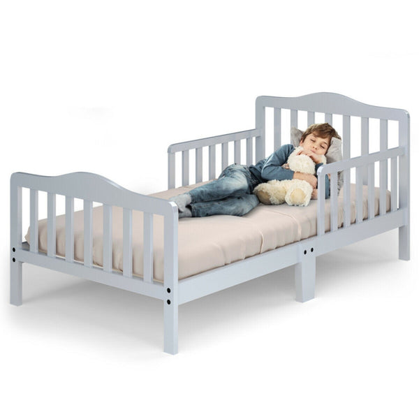 Classic Design Kids Wood Toddler Bed Frame with Two Side Safety Guardrails-Brown