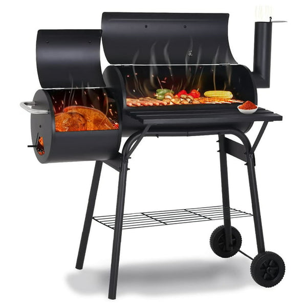 AKIUDEX Outdoor Portable BBQ Charcoal Grill with Offset Smoker for Pit Patio Backyard, Black