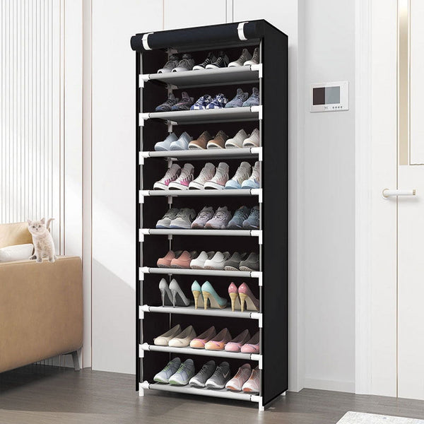 HONGGE 10 Tiers Shoe Rack with Dustproof Cover Closet Shoe Cabinet Storage Organizer