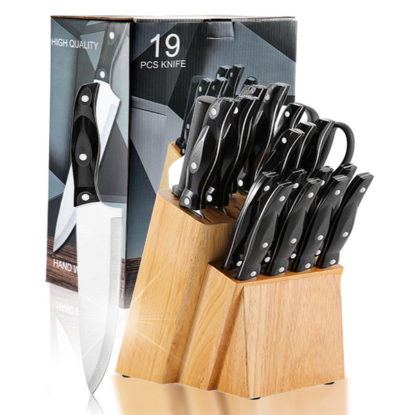 HONGGE 19 Pieces Knife Block Set with Block, Stainless Steel Knife Set for Best Gift