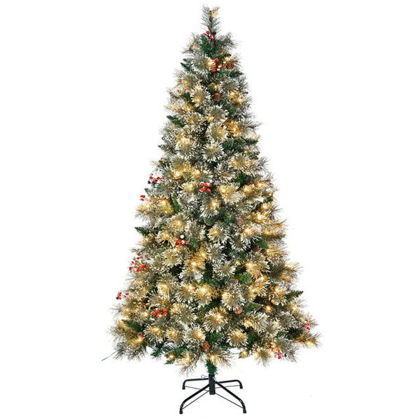 HONGGE 6.5ft Pre-Lit Glittering Frost Pine Artificial Christmas Tree, Warm White LED, Green