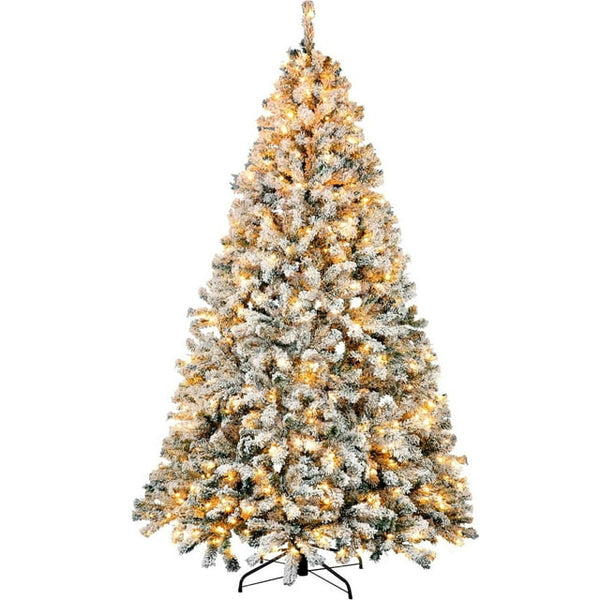 HONGGE 6ft Pre Lit Flocked Christmas Tree with Lights, 1000 Branch Tips Artificial Xmas Tree with Metal Hinges Foldable Base for Home Office Party Decoration (White, 6ft)