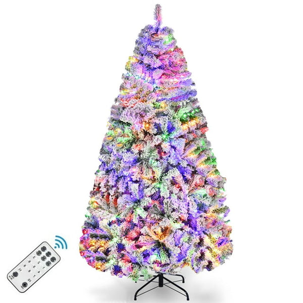 HONGGE 6ft Pre-Lit Holiday Christmas Tree, Artificial Snow Flocked Christmas Tree w/ 250 Warm-White & Multicolored Lights, 9 Light Sequences