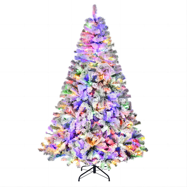 HONGGE 6ft Pre-Lit Premium Snow Flocked Christmas Tree with 300 Nine Colored Lights, White