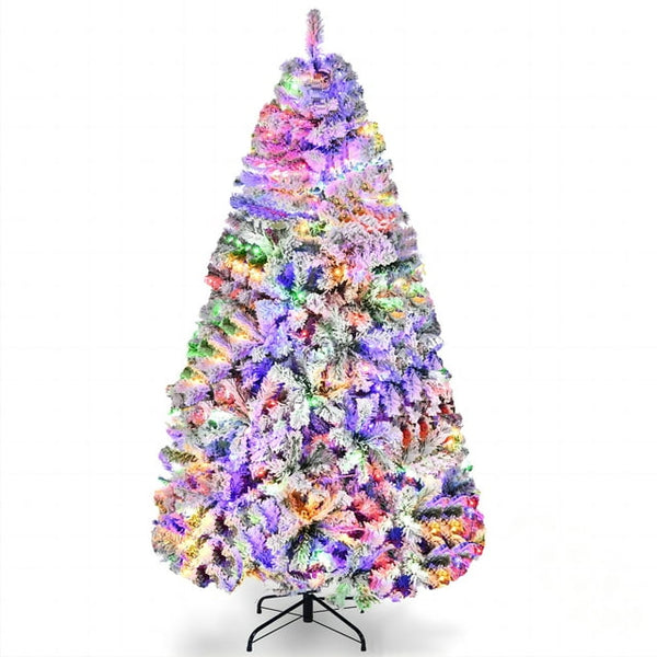 HONGGE 6ft Pre-Lit Snow Flocked Artificial Christmas Tree, 250 Warm-White & Multicolored Lights