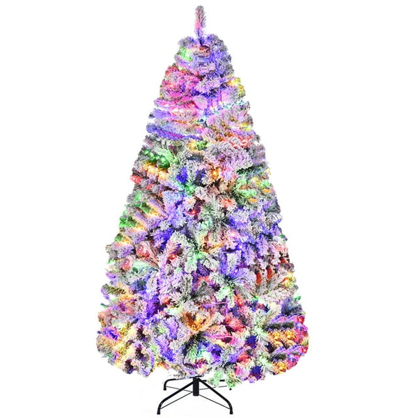 HONGGE 7.5ft Pre-Lit Snow Flocked Artificial Christmas Tree, 550 Warm-White & Multicolored Lights