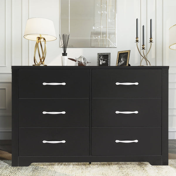 HONGGE Black Double Dressers, Chest of 6 Drawers, Black