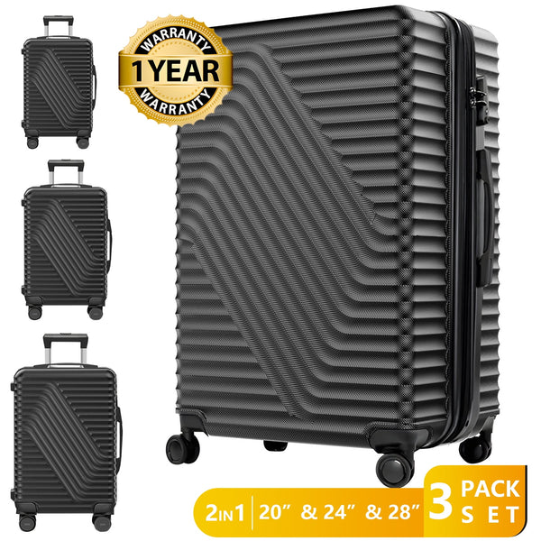 HONGGE Luggage Sets 3 Piece Luggage Set, Hardside Carry Travel Luggage Suitcase with Spinner Wheels TSA Lock, Black