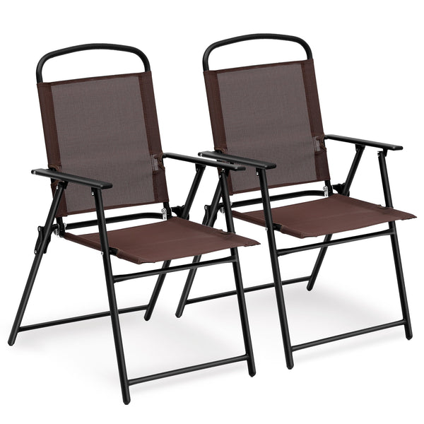 HONGGE Set of 2 Patio Folding Chairs Sling Back Chairs Camping Deck Garden Beach Brown