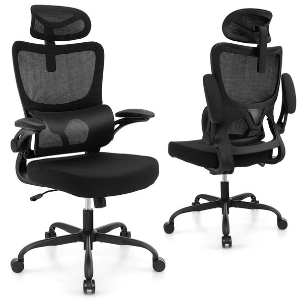 Mesh Office Chair with Adaptive Lumbar Support Flip-up Armrests Reclining Backrest-Black