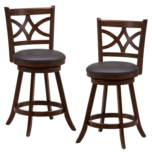 Set of 2 Bar Chairs 360 degree Swivel with Leather Cushioned Seat and Rubber Wood Frame-24 inch