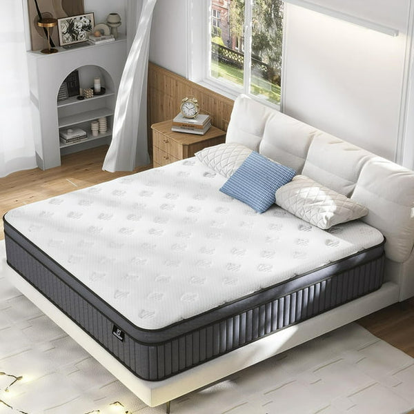 Queen Mattress, 12 Inch Hybrid Mattress in a Box, Queen Size Mattress Foam and Individually Wrapped Pocket Coils, Soft and Breathable, Pressure Relief, Strong Edge Support, Medium Firm