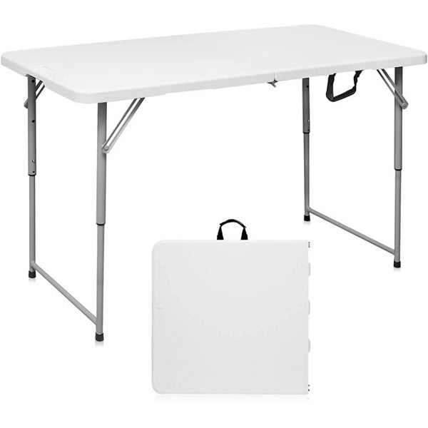 Folding Table 4 Foot Portable Heavy Duty Plastic Fold-in-Half Utility Foldable Table Small Indoor Outdoor Adjustable Height Plastic Folding Table with Carrying Handle, Camping and Party