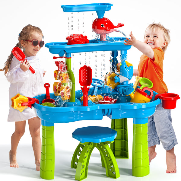 HONGGE Kids Sand Water Table for Toddlers 3-Tier Sand and Water Play Table Toys for Toddlers Kids, Activity Sensory Tables Outside Beach Toys for Toddler Boys Girls Age 1-3 3-5 Gift