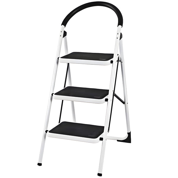 HONGGE 3 Step Ladder Folding Kitchen Step Stool with Anti-Slip Pedal, White and Black