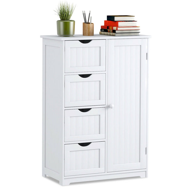 HONGGE Wooden 4 Drawer Bathroom Cabinet Storage Cupboard 2 Shelves Free Standing White